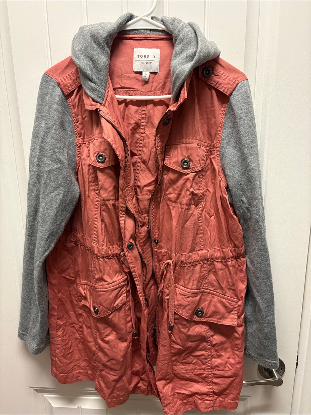 Torrid Coral Utility Jacket with Gray Hoodie Sleeves
